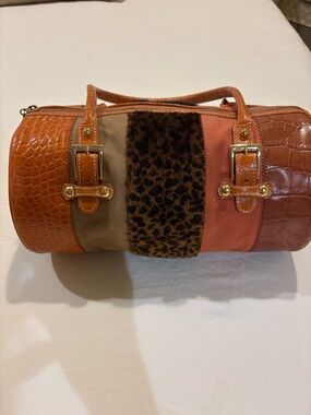 Maxx New York Cognac, Tan and Leopard Patchwork Barrel Bag